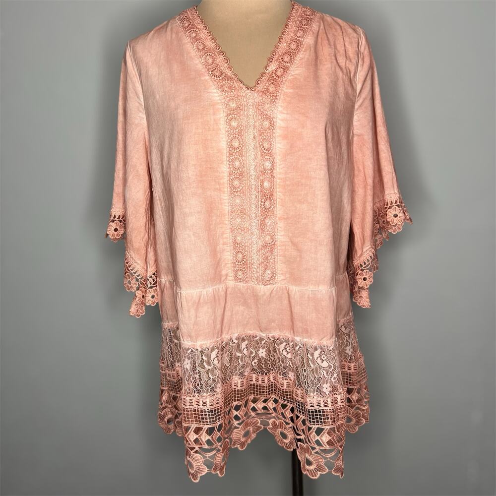 Indigo Thread Co Blouse Large Womens Lace Tie Back Peasant V-Neck Boho Cottage